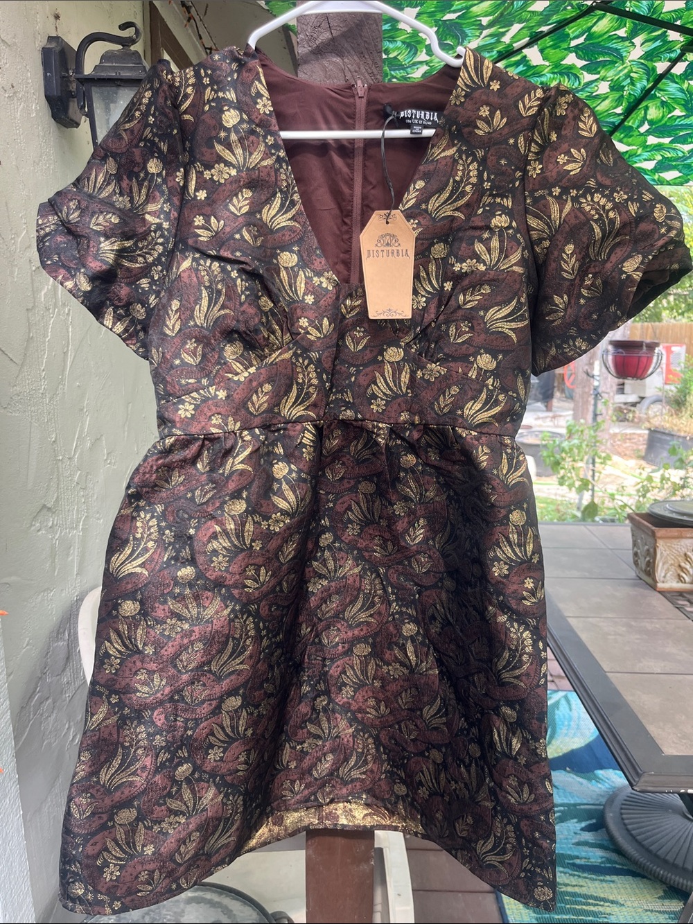 Disturbia NWT Rena Snake Jacquard Puff Sleeve Mini Dress Brown Gold Metallic Sz8 - Picture 14 of 17